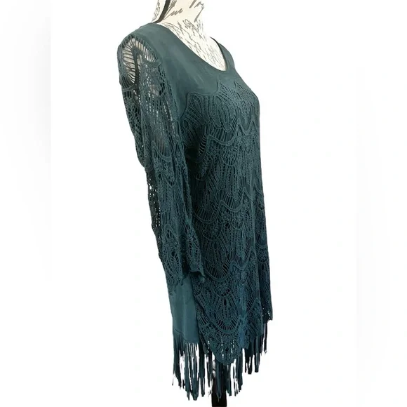 EUC Monoreno Teal Lace Fringe Midi Dress Overlay Sheath 3/4 Sleeve Medium Boho - Picture 5 of 15